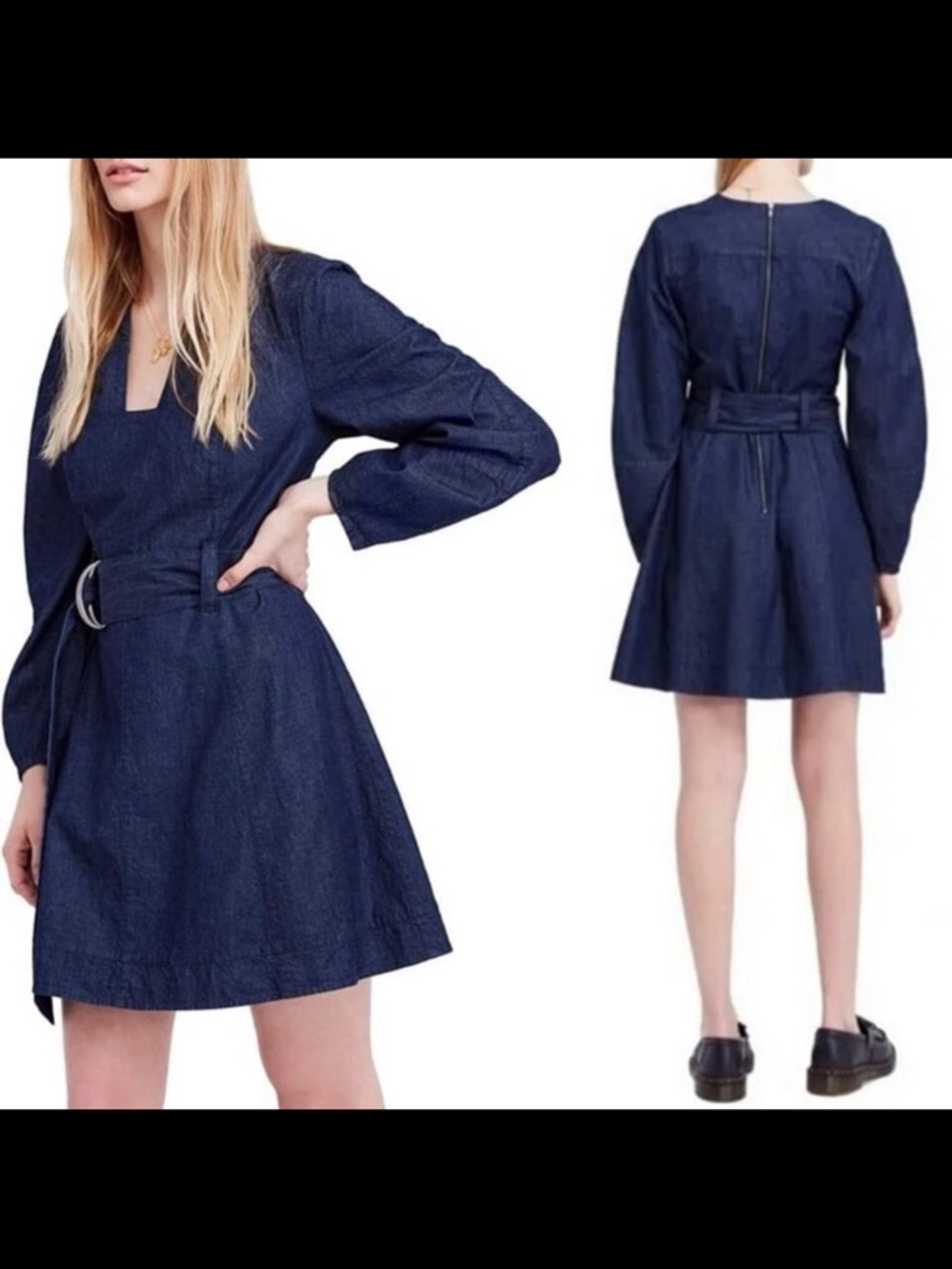 New Free People Karmen Dress belt mini Chambray Deep Sea Wash Boho denim medium